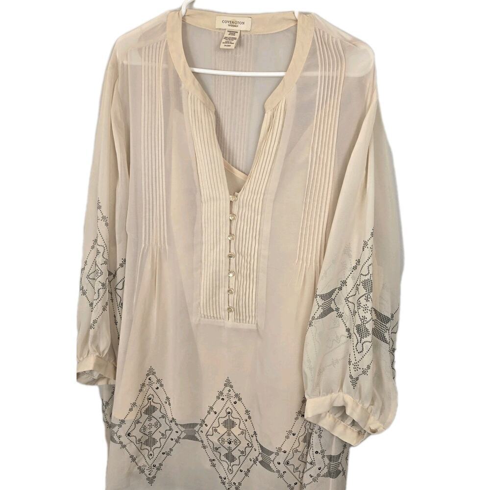 Covington PLUS 24/26W Sheer 2 Pc W Cami Sheer Boho Blouse Sequined Cream Peasant